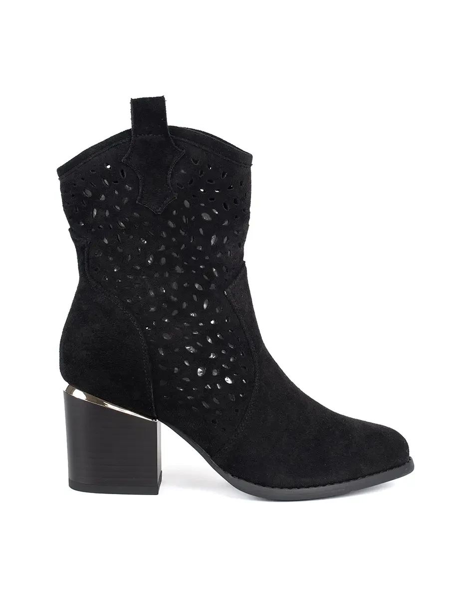 Schwarze Ajour-Stiefeletten mit Blockabsatz