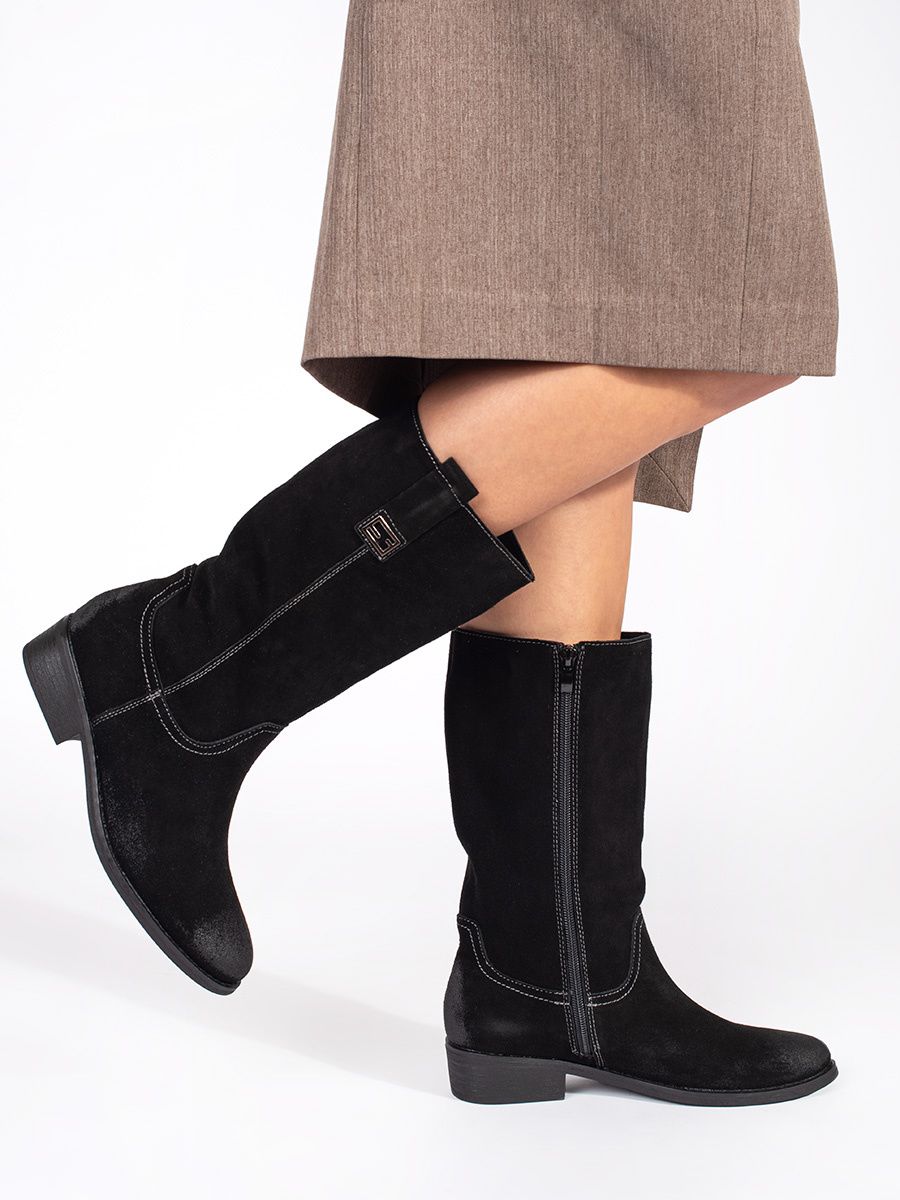 Schwarze Damenlederstiefel im Cowboy-Stil mit Absatz