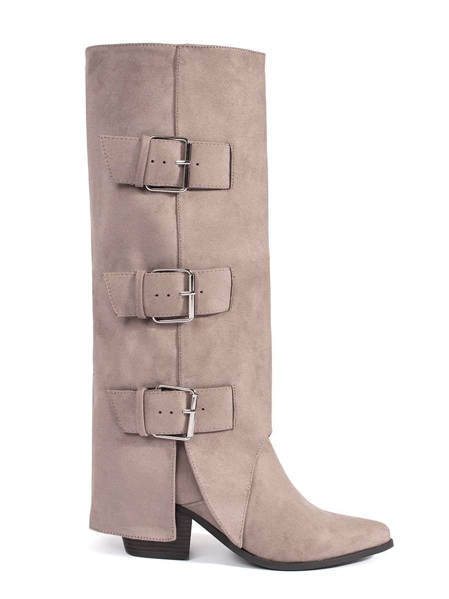 Beige Wildleder Stiefel mit Blockabsatz und Schnallen
