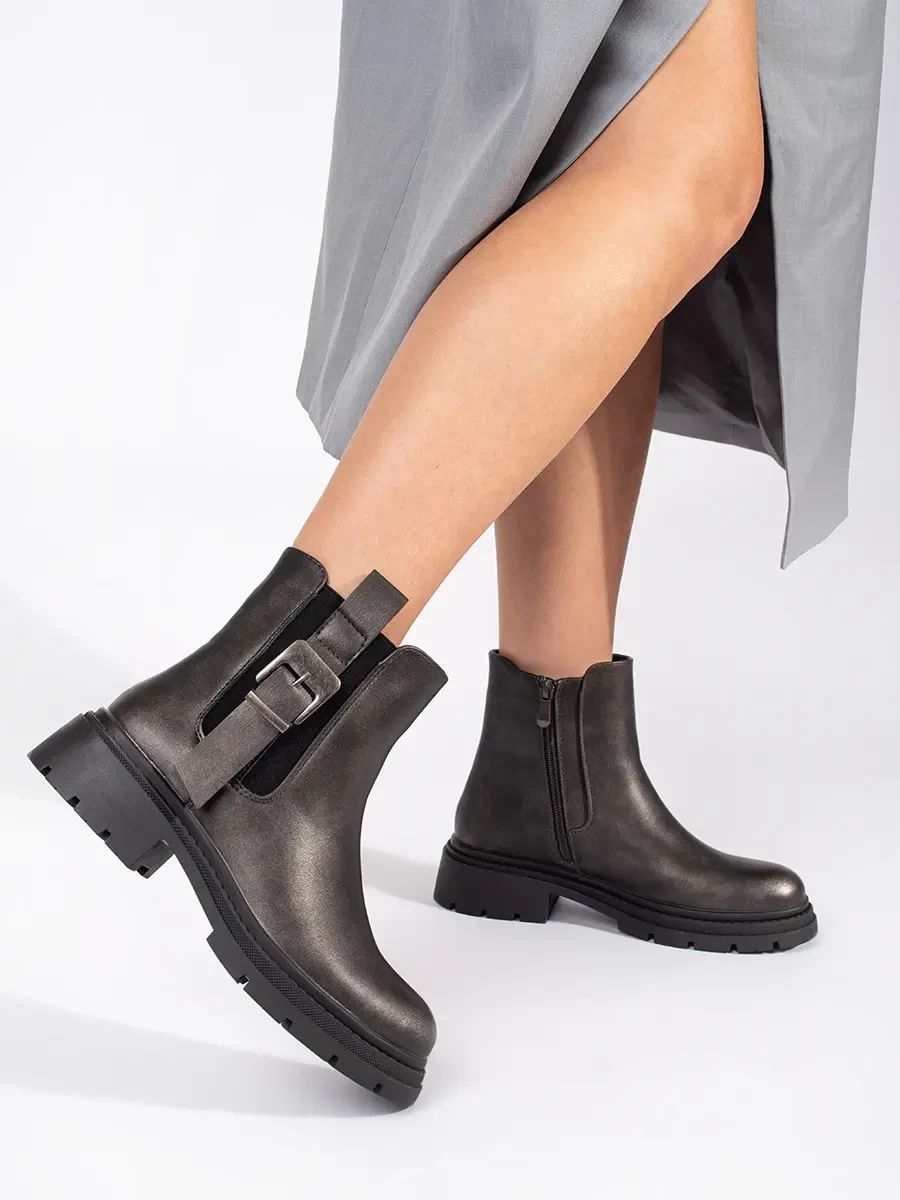 Dunkelbraune metallische Stiefeletten mit Schnalle