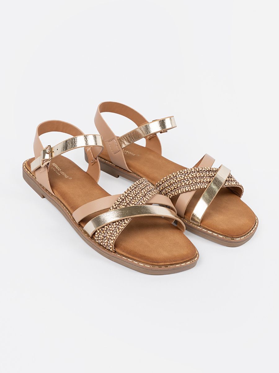 Goldene Damen Sandalen mit flachem Absatz