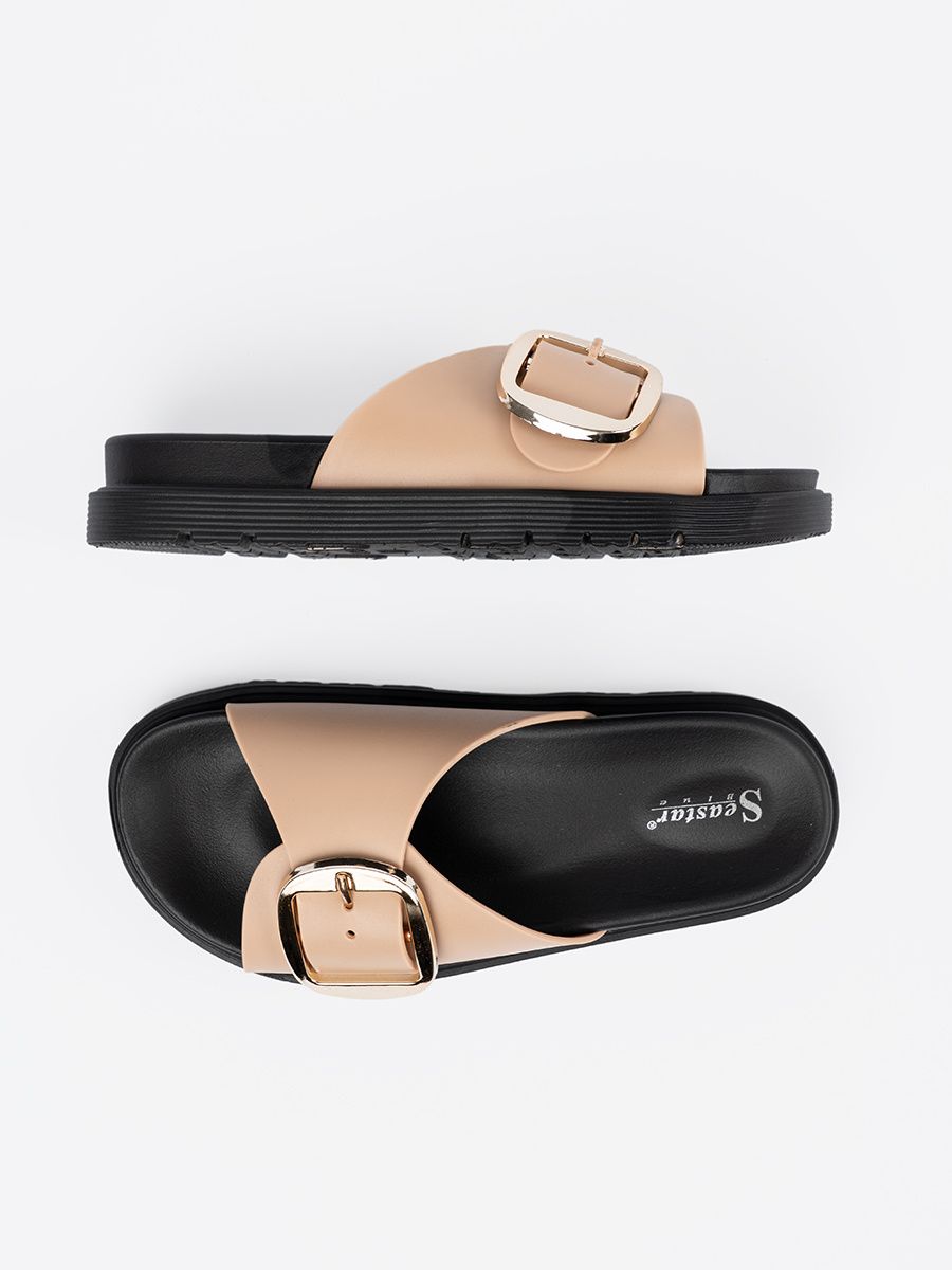 Beige Damen Sandalen mit goldener Schnalle