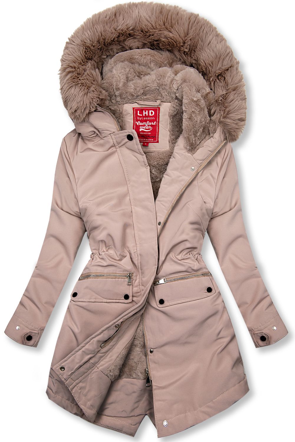 Winterparka mit Fellimitat beige-rosa