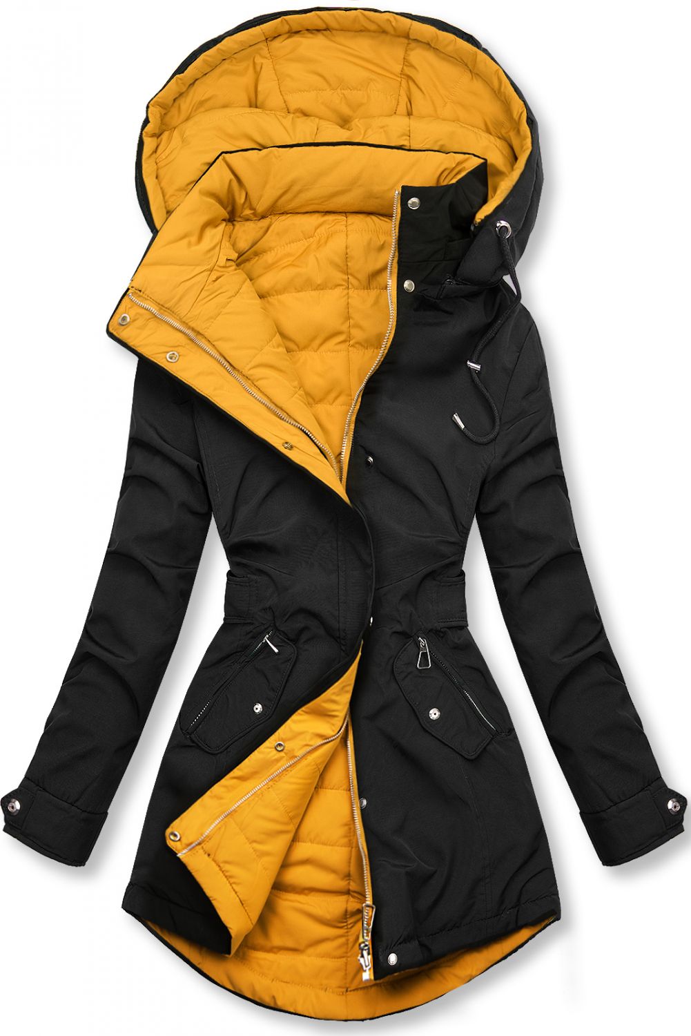 Beidseitig tragbare Übergangsjacke schwarz/gelb