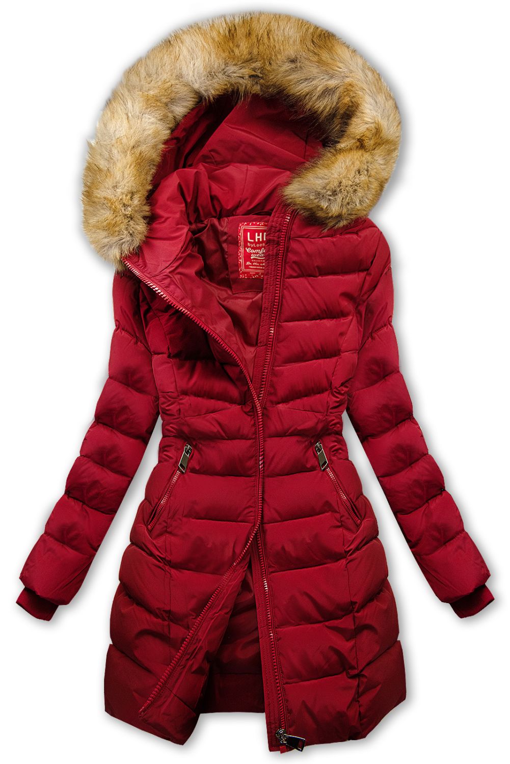 Winterjacke mit abnehmbarem Fellimitat Weinrot