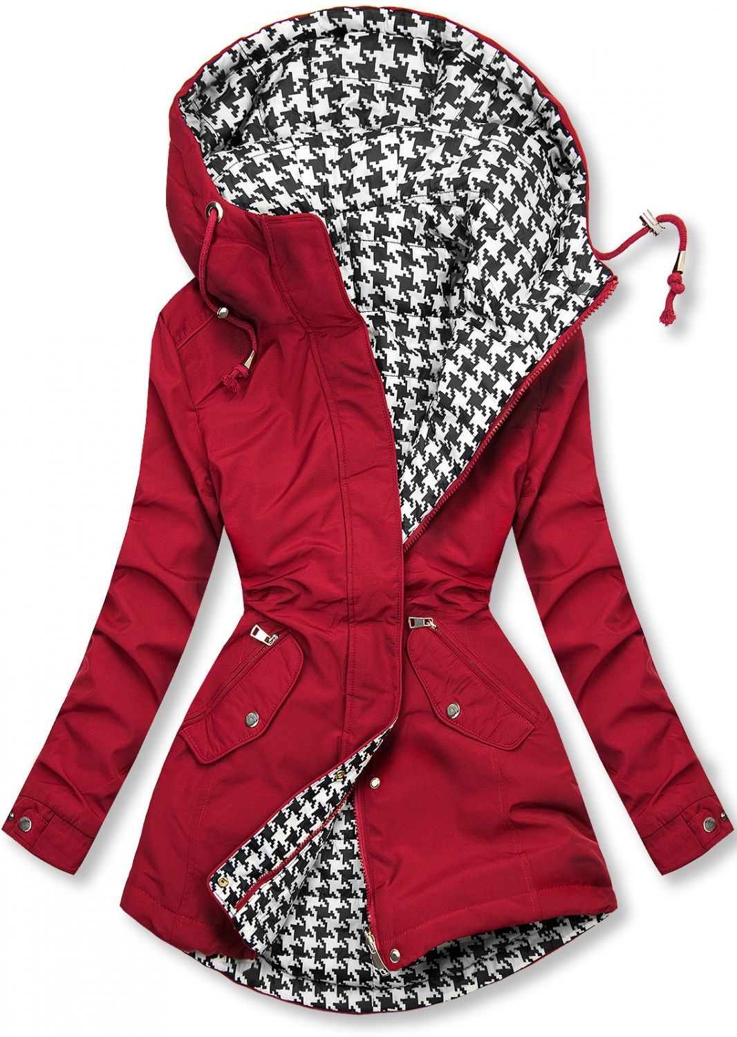 Jacke mit Kapuze Rot/Hahnentrittmuster