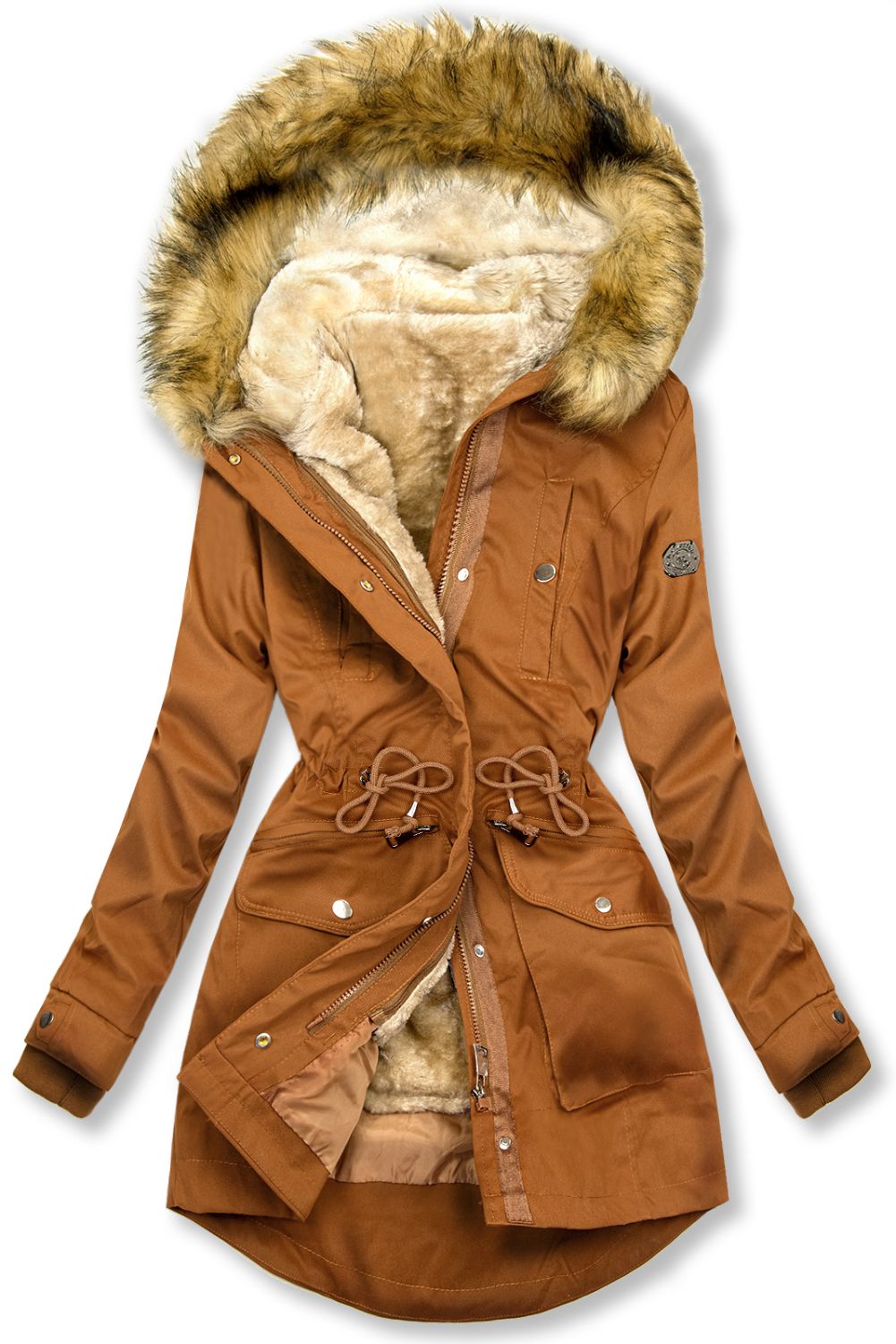 Parka mit abnehmbarem Futter und Kunstfell braun