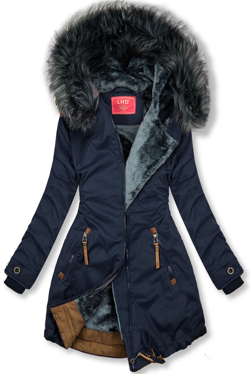 Winterparka mit Kunstfell-Kapuze dunkelblau/grau