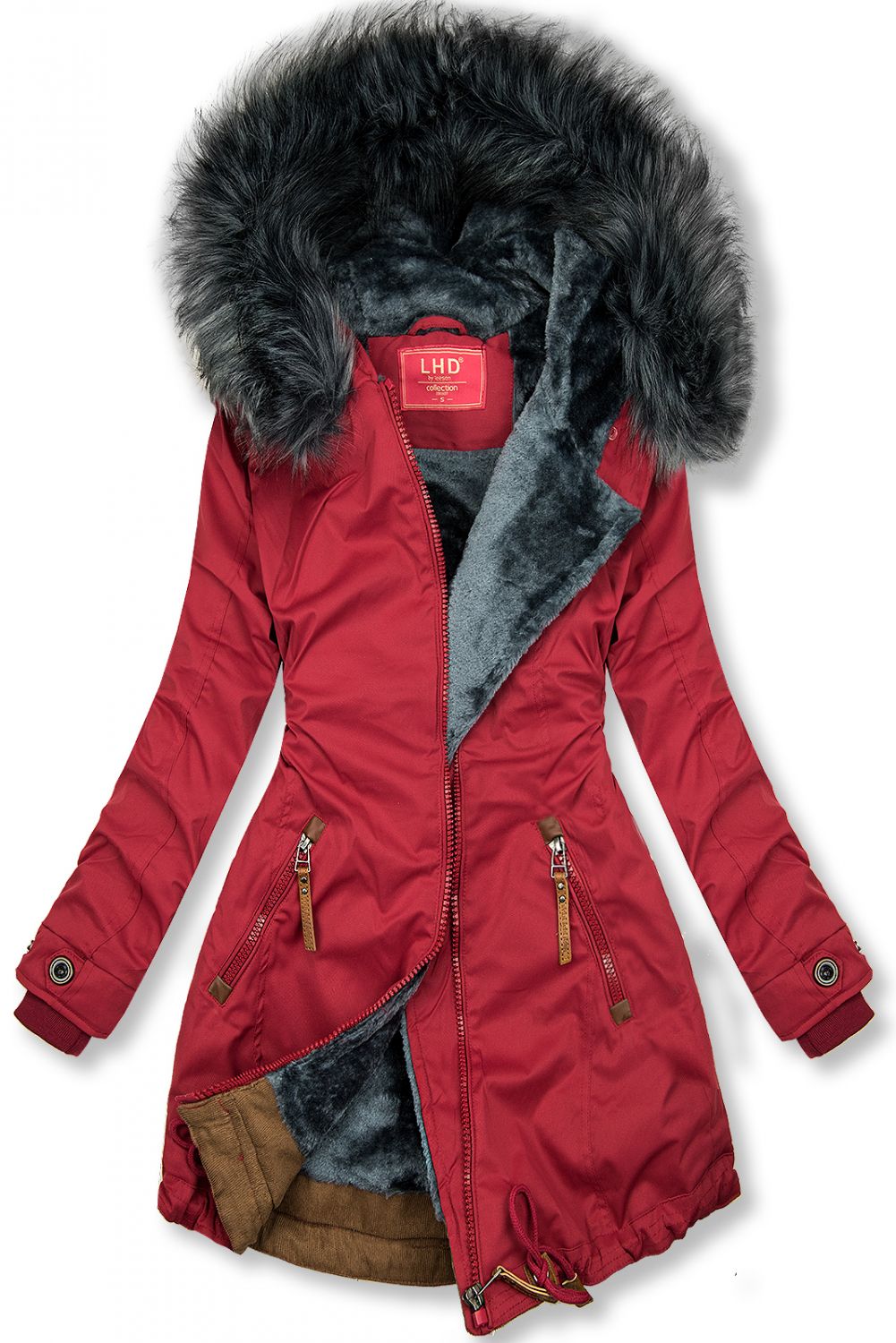 Winterparka mit Kunstfell-Kapuze weinrot/grau