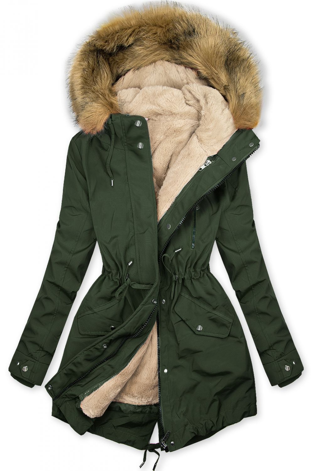 Parkajacke mit abnehmbarem Teddy-Futter army grün