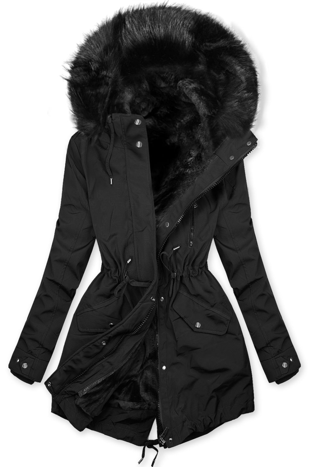 Parkajacke mit abnehmbarem Teddy-Futter schwarz
