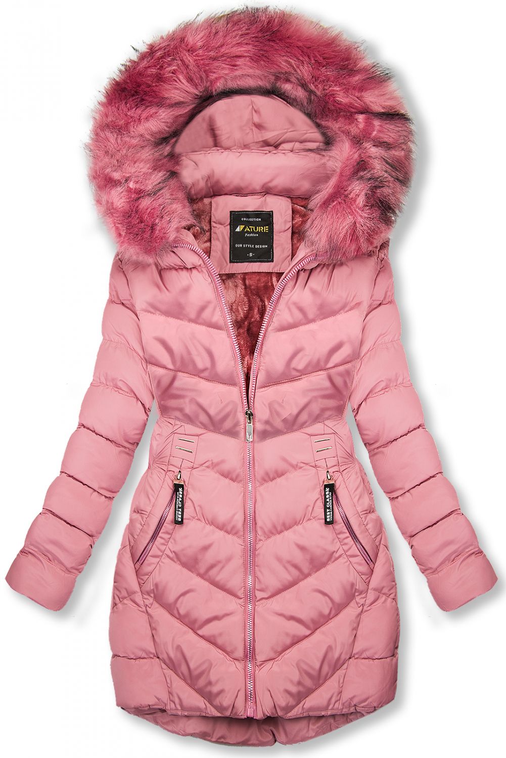 Winterjacke mit Fellimitat an der Kapuze rosa