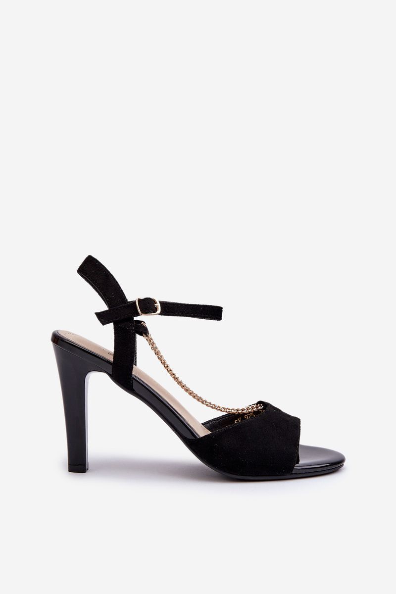 Sandale aus Velourslederimitat mit Kettendetail, Stilettoabsatz, schwarz