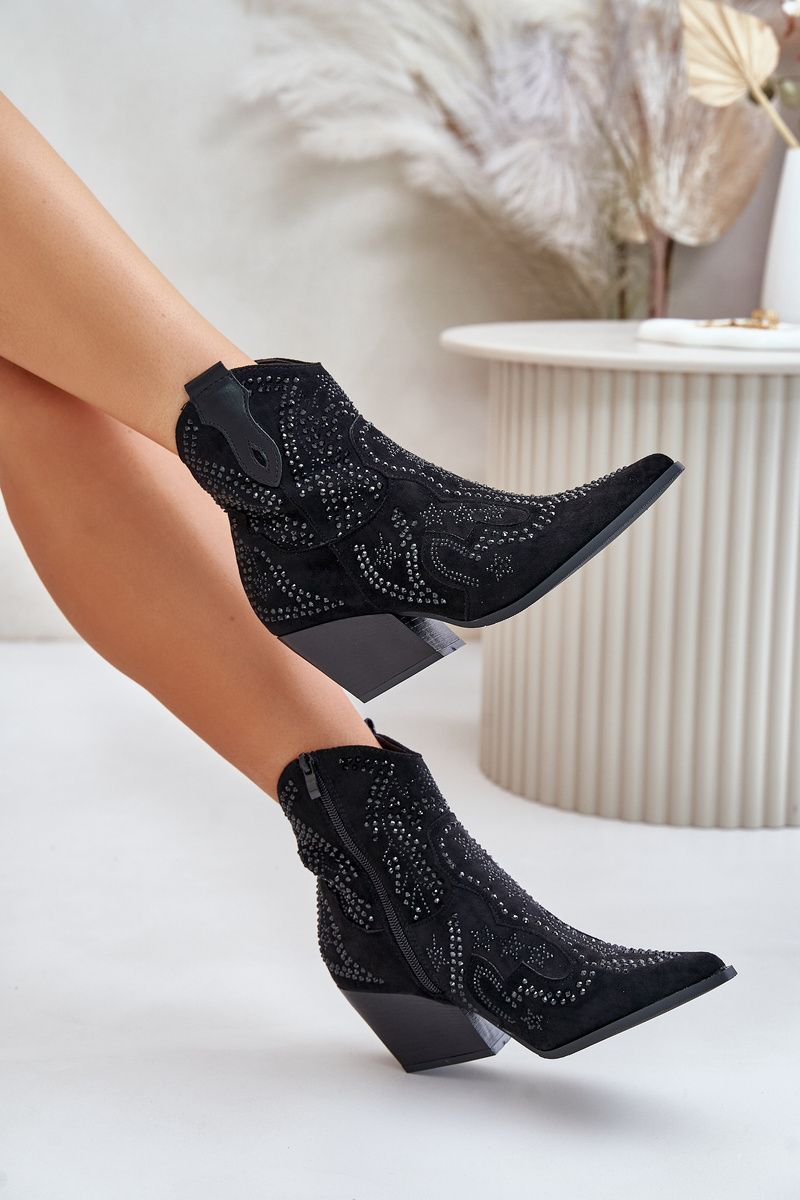 Verzierte schwarze Ankle Boots mit Absatz aus Veloursleder