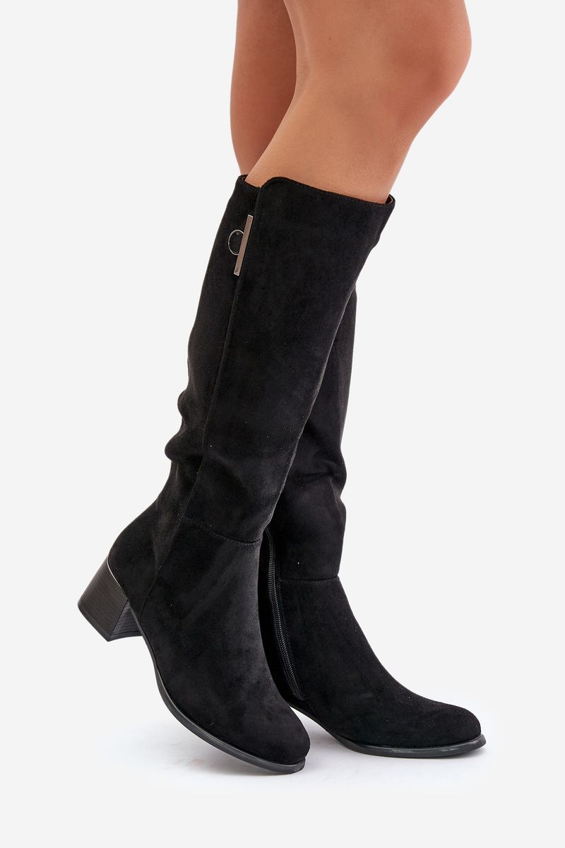 Schwarze Stiefel aus Öko-Veloursleder mit Blockabsatz bis zum Knie