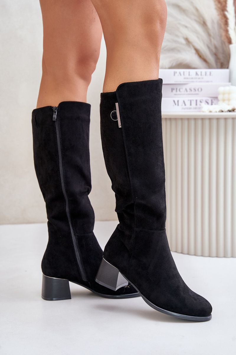 Schwarze Stiefel aus Öko-Veloursleder mit Blockabsatz bis zum Knie