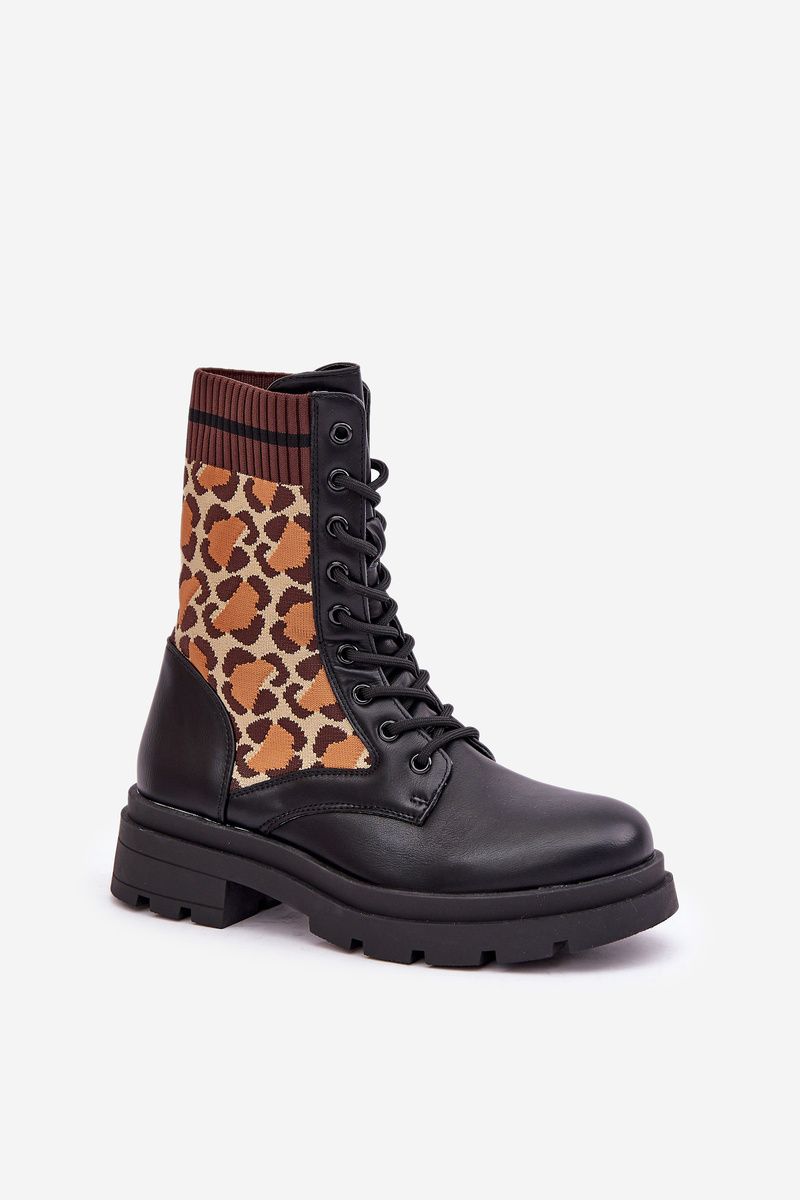 Schwarze Ankle-Boots mit Leopardenmuster und Sockeneinsatz