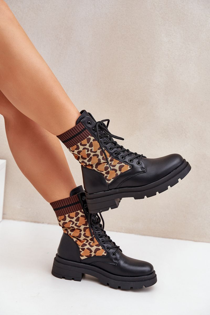 Schwarze Ankle-Boots mit Leopardenmuster und Sockeneinsatz