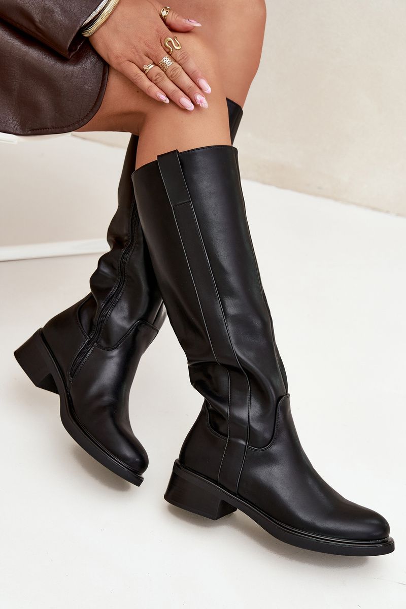 Schwarze Overknee-Stiefel aus Kunstleder mit niedrigem Blockabsatz