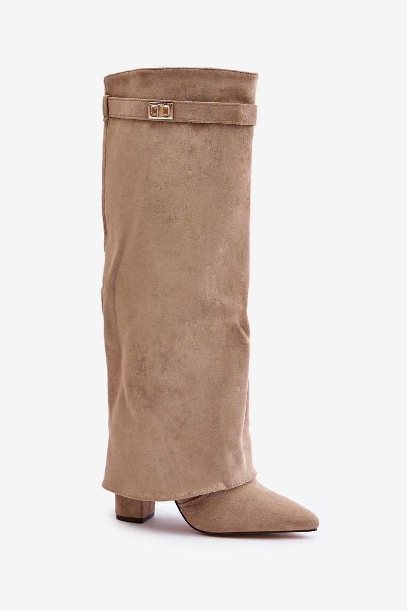 Beige Stiefel mit Blockabsatz und umgeschlagenem Schaft