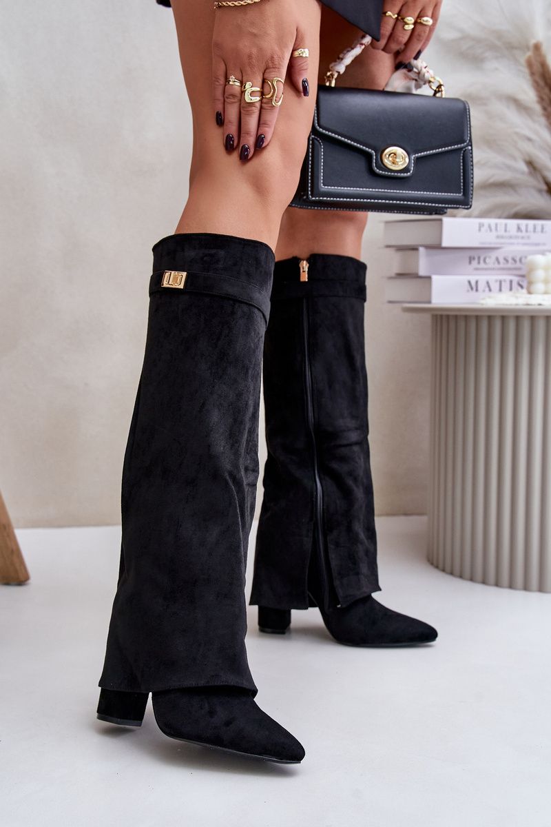 Schwarze Overknee-Stiefel aus Velourslederimitat mit Blockabsatz und umgeschlagenem Schaft