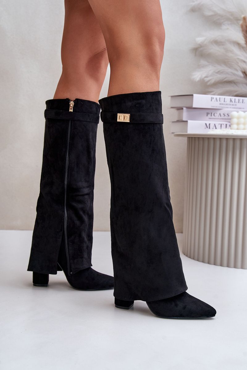 Schwarze Overknee-Stiefel aus Velourslederimitat mit Blockabsatz und umgeschlagenem Schaft