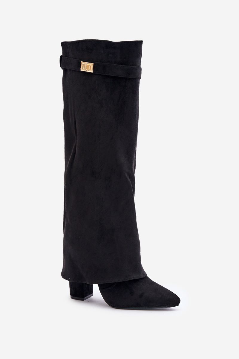 Schwarze Overknee-Stiefel aus Velourslederimitat mit Blockabsatz und umgeschlagenem Schaft