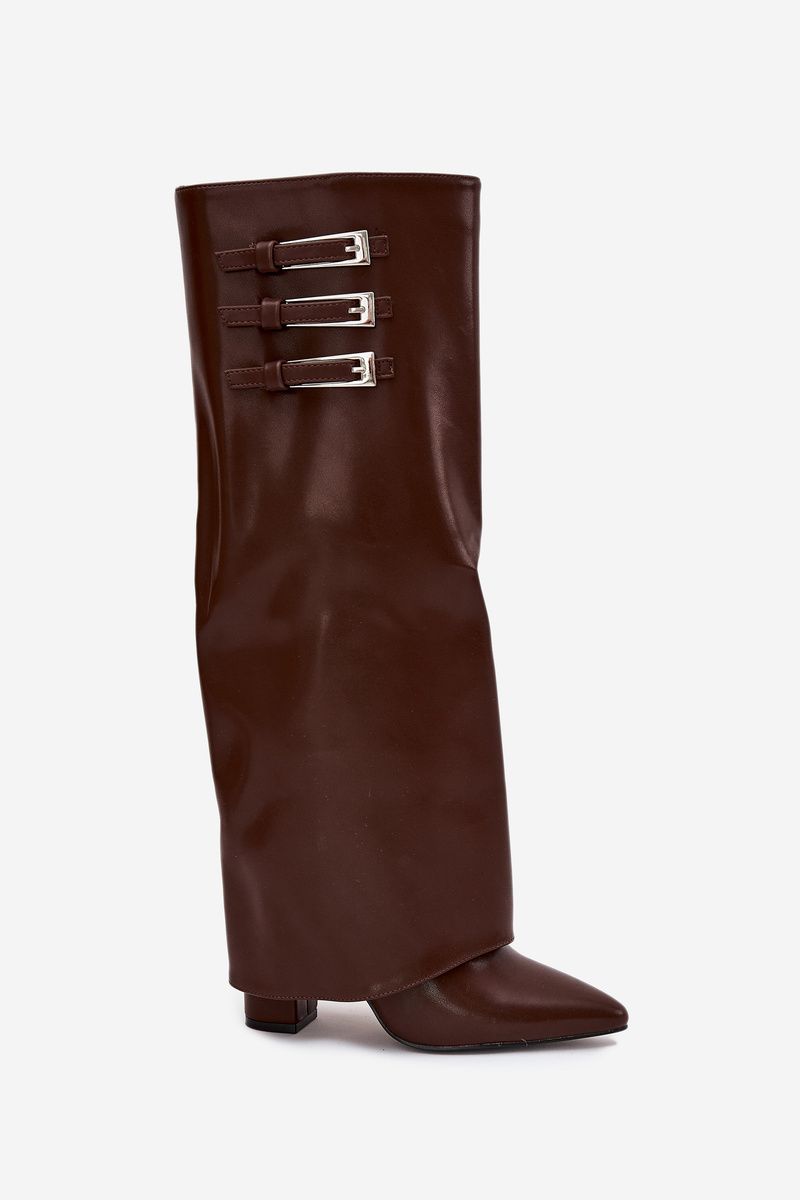 Stiefel mit Blockabsatz, umgeschlagenem Schaft und Riemen mit Schnallen, braun