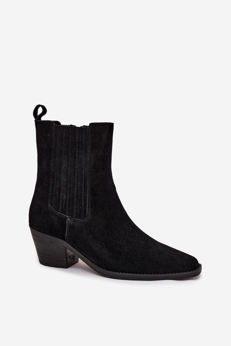 Gefütterte Veloursleder-Stiefelette mit Blockabsatz, schwarz