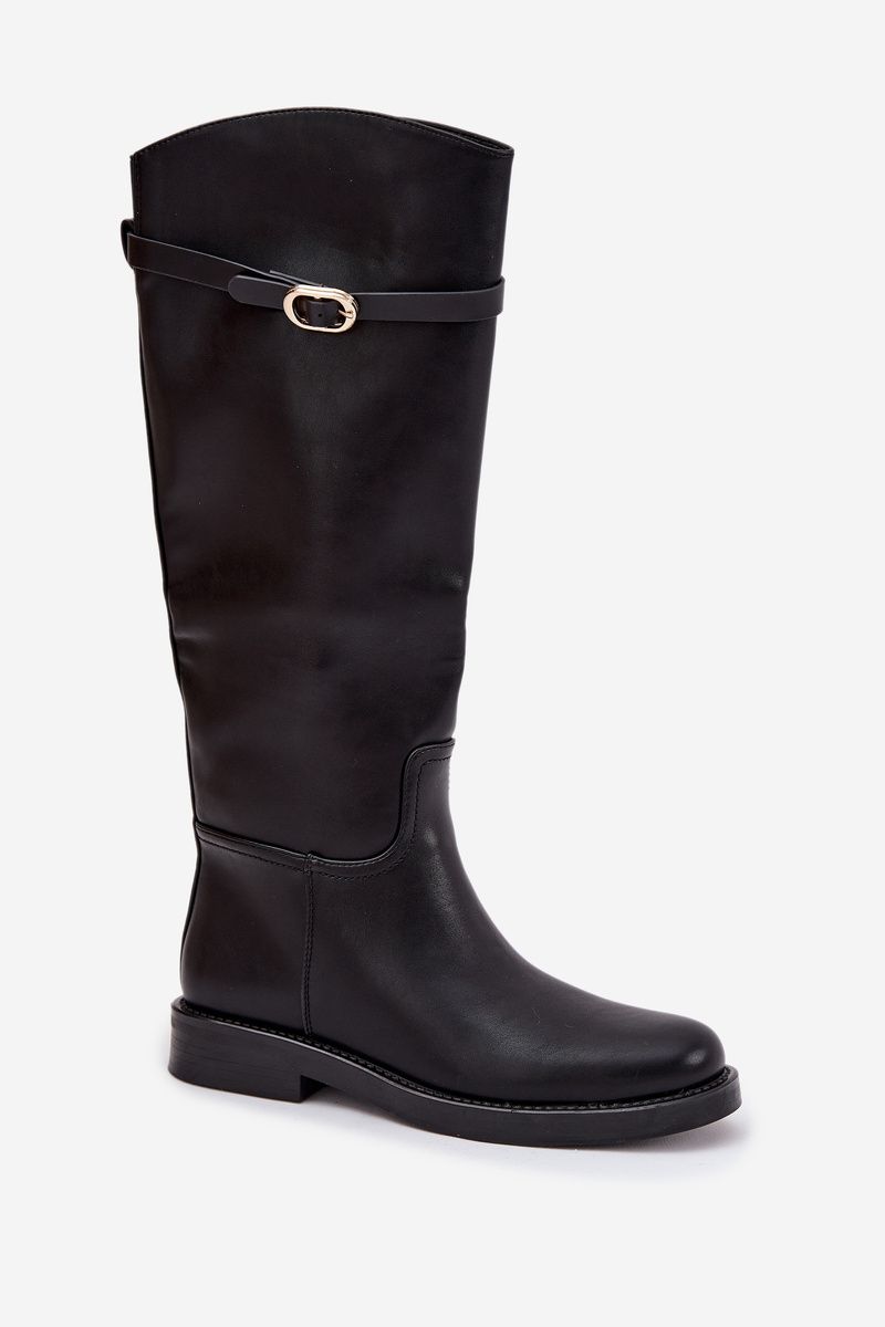 Schwarze Overknee-Stiefel mit flachem Absatz und goldener Schnalle
