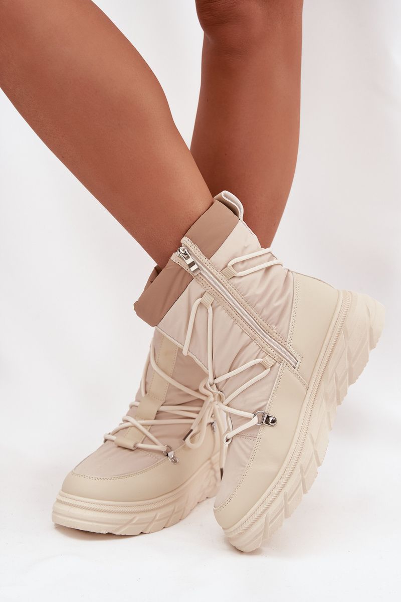 Beige Schneestiefel mit Reißverschluss und Fellfutter