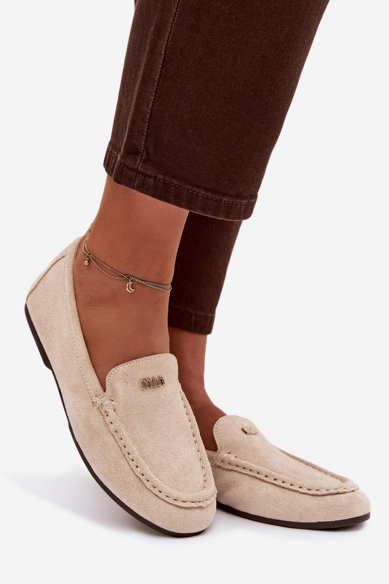 Beige Mokassins aus Velourslederimitat mit goldenem Detail