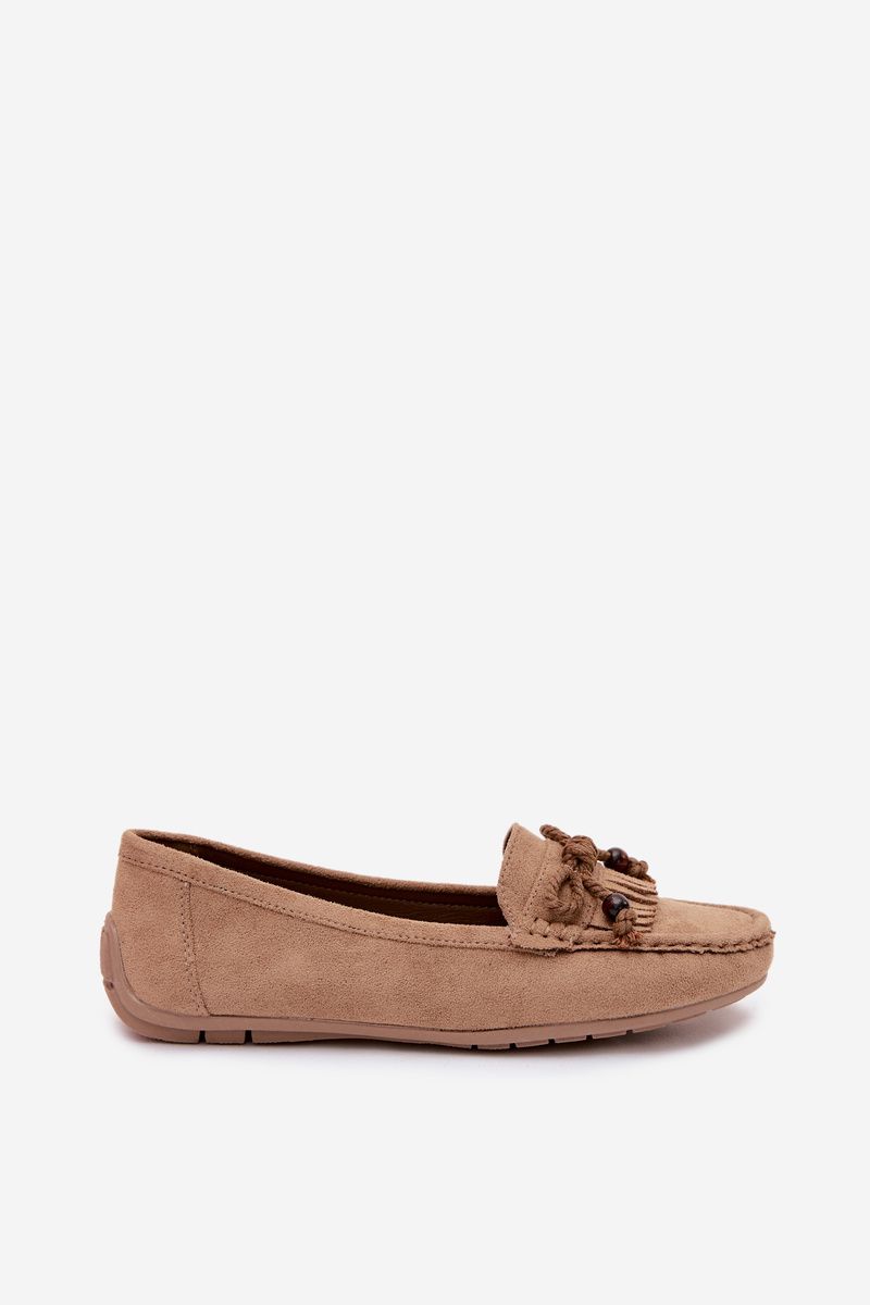 Beige Mokassins aus Veloursleder mit Schleife und Fransen