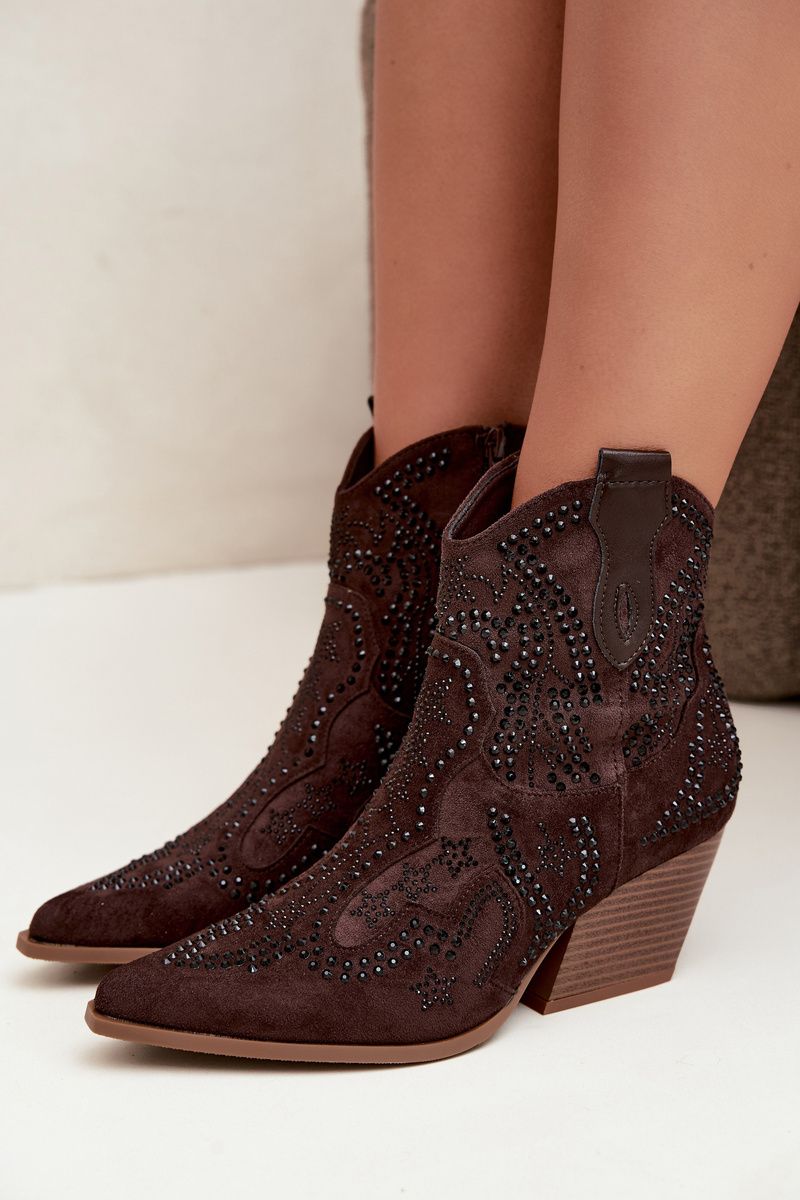 Stiefelette mit schwarzer Verzierung, braune Wildlederoptik