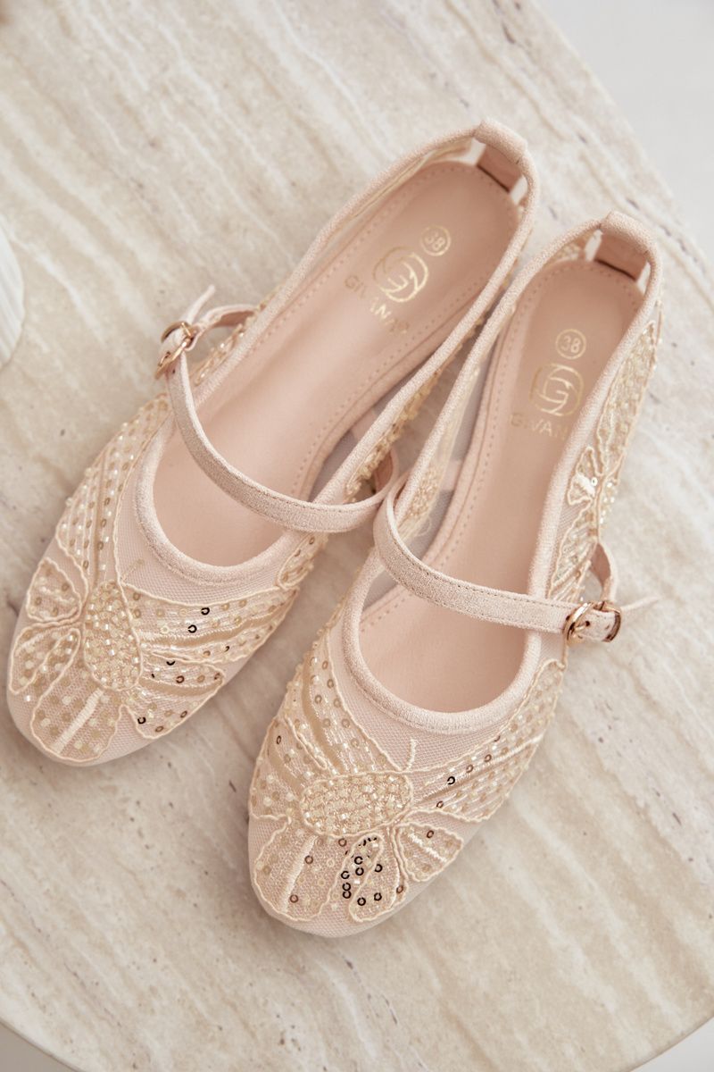 Beige Ballerinas aus Mesh mit Stickerei und Pailletten