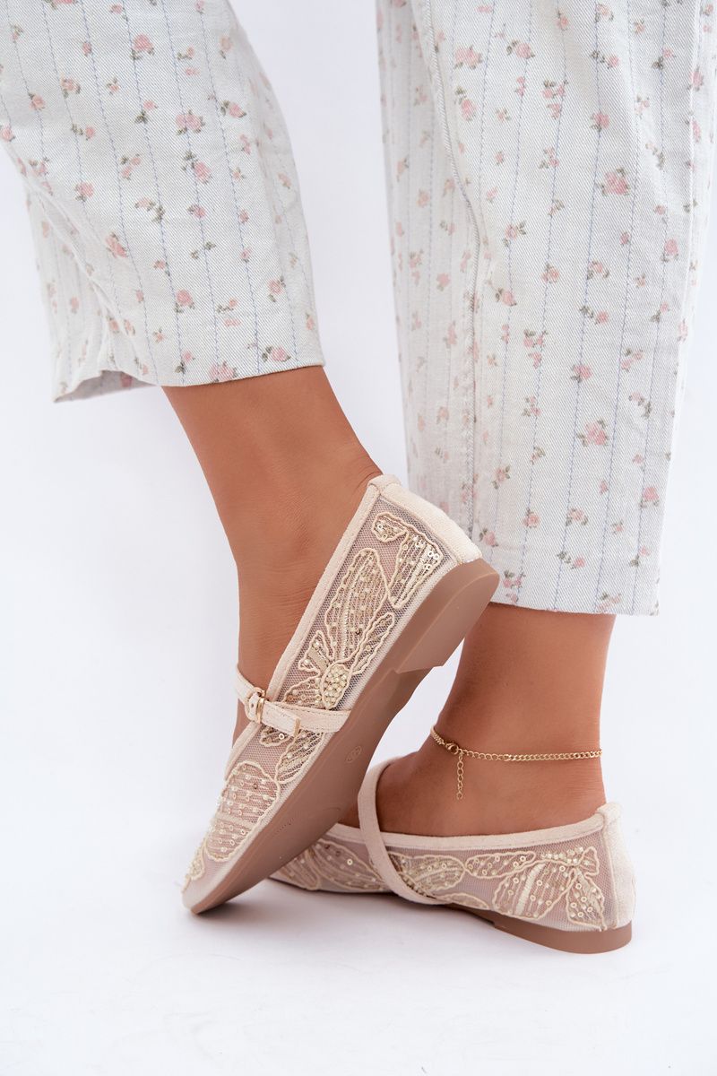 Beige Ballerinas aus Mesh mit Stickerei und Pailletten