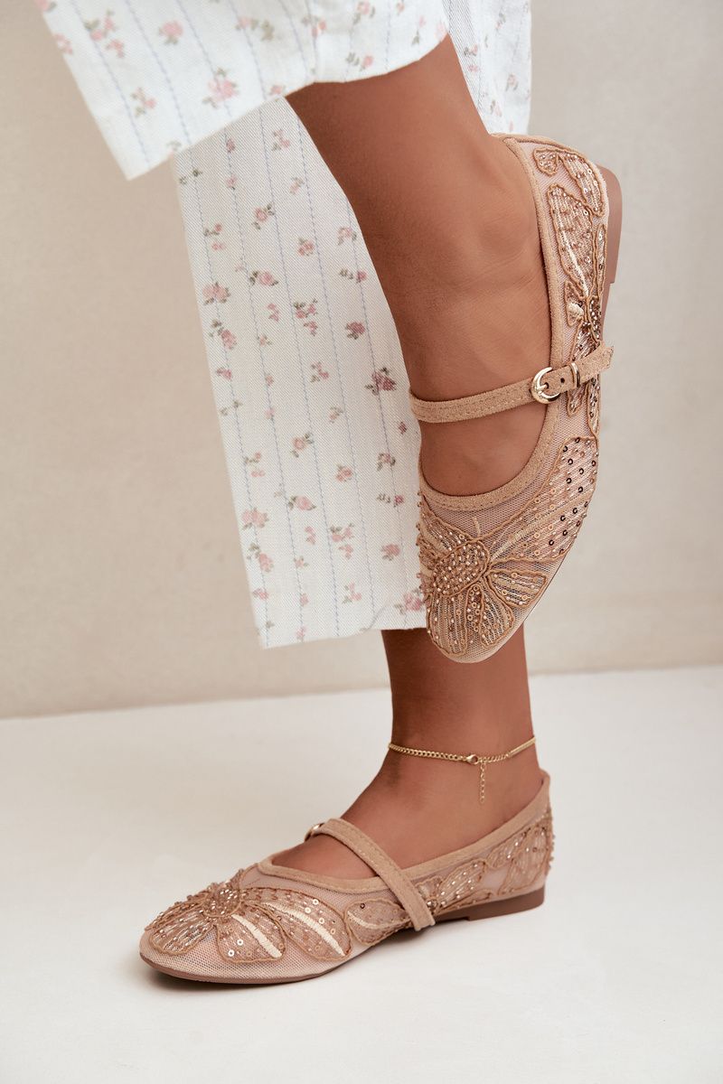 Netz-Ballerina mit Stickerei und Pailletten beige