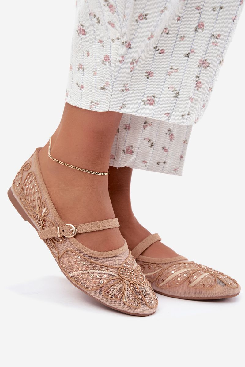 Netz-Ballerina mit Stickerei und Pailletten beige