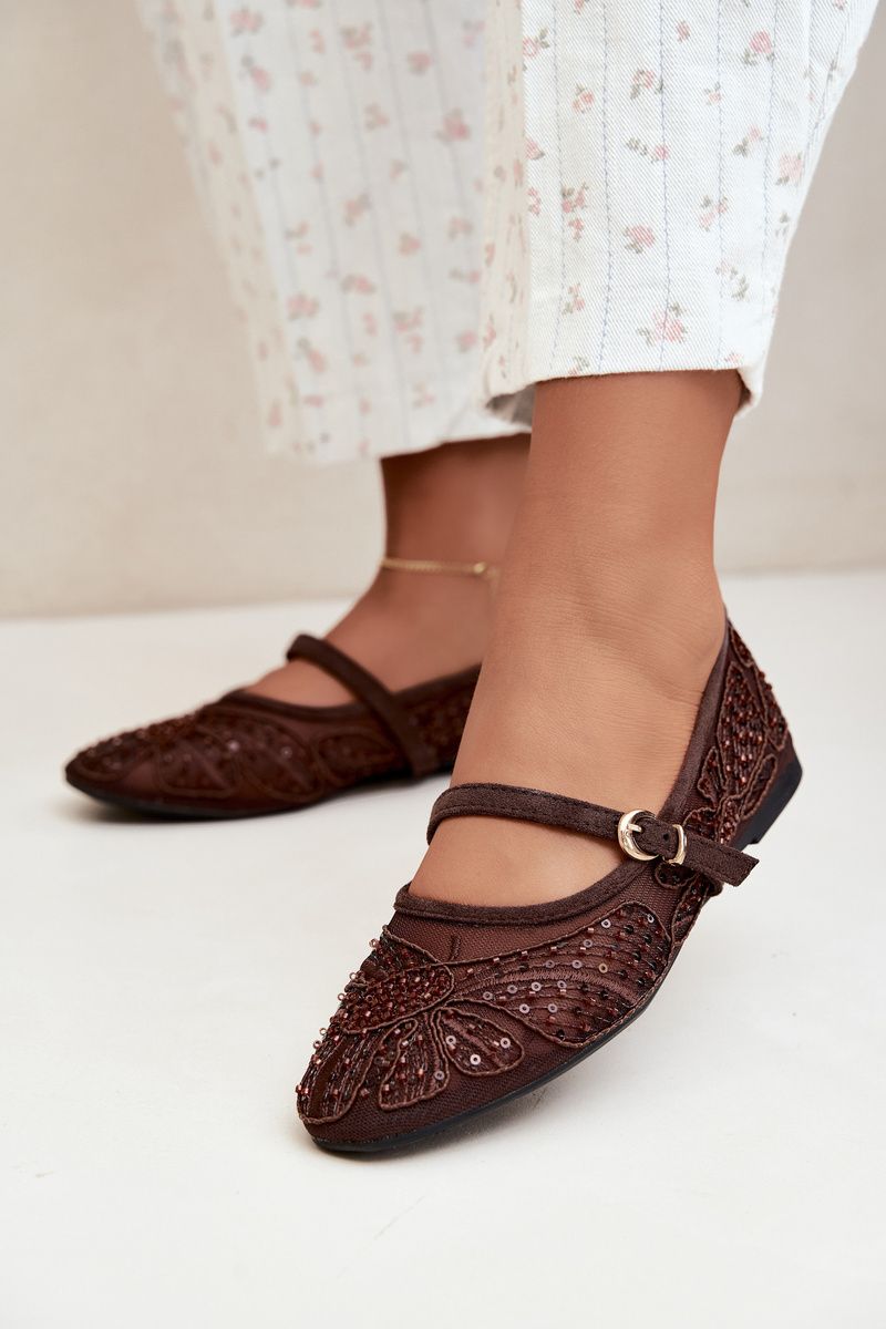 Netz-Ballerina mit Stickerei und Pailletten, braun