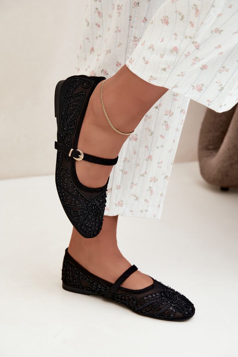 Schwarze Ballerina mit Mesh, Stickerei und Pailletten