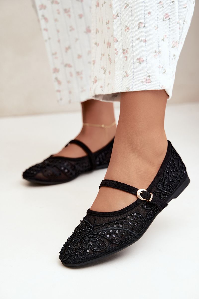 Schwarze Ballerina mit Mesh, Stickerei und Pailletten