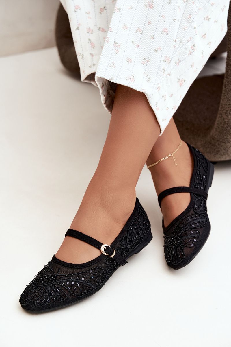 Schwarze Ballerina mit Mesh, Stickerei und Pailletten