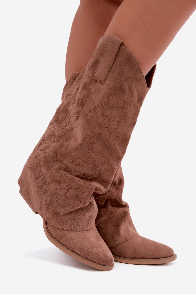 Cowboystiefel mit Absatz und umgeschlagenem Schaft aus braunem Wildlederimitat