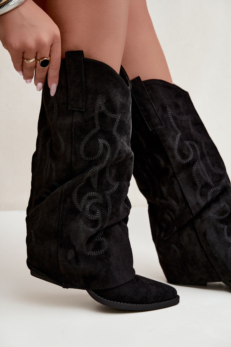 Schwarze Cowboy-Stiefelette aus Velourslederimitat mit umgeschlagenem Schaft und Blockabsatz