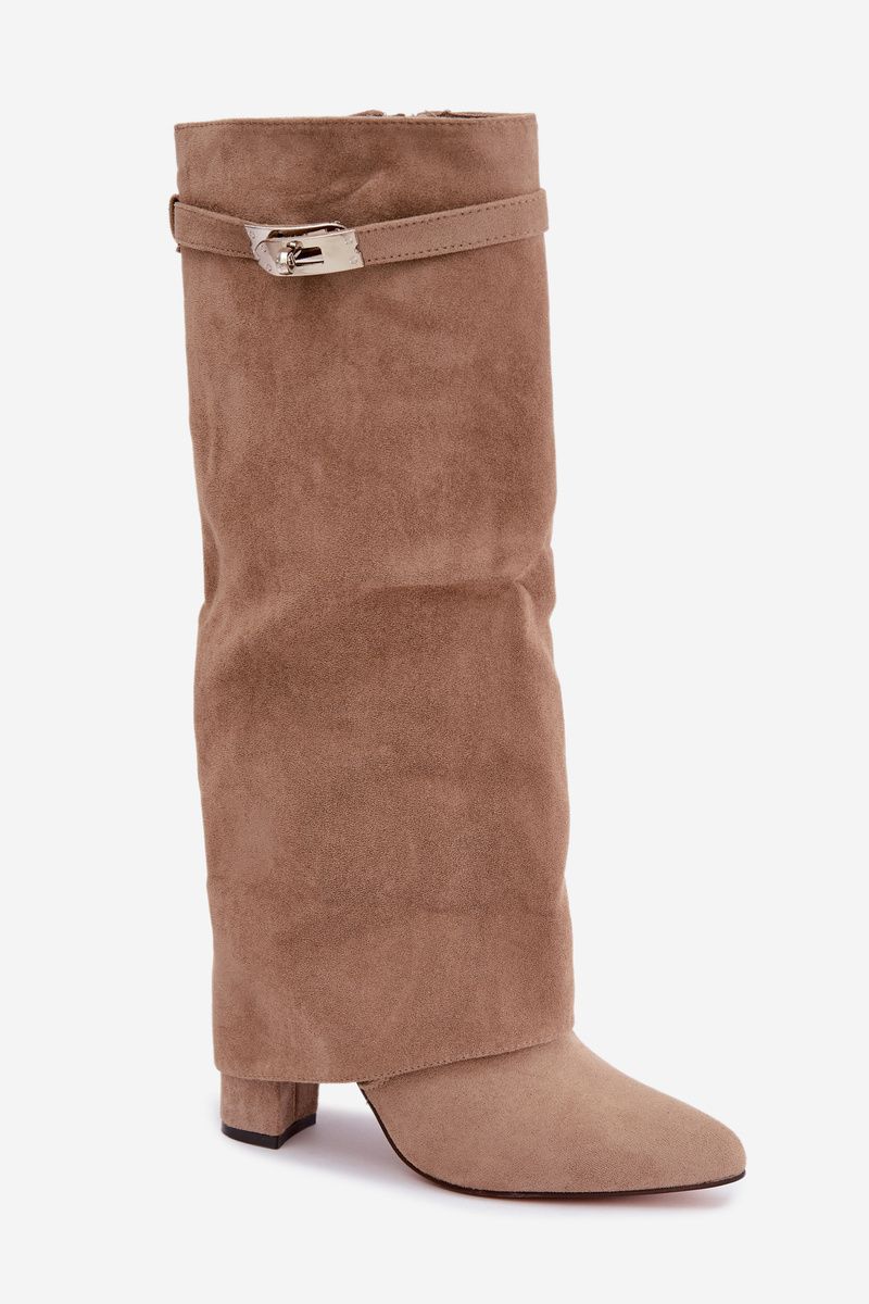 Beige gefütterte Stiefelette mit umgeschlagenem Schaft und Blockabsatz