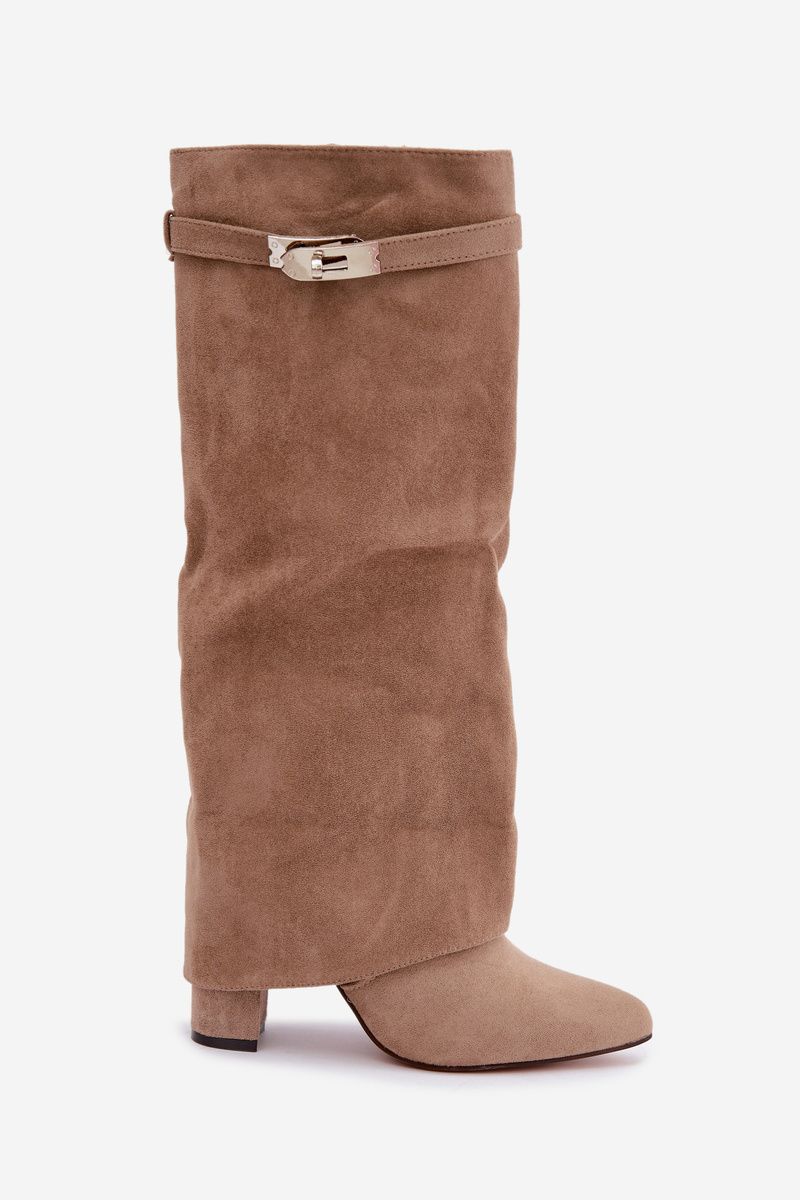 Beige gefütterte Stiefelette mit umgeschlagenem Schaft und Blockabsatz