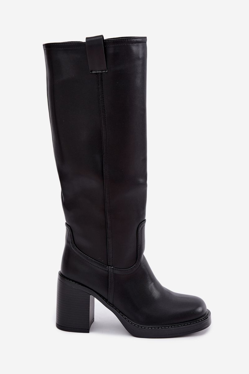 Gefütterte schwarze Stiefel mit Blockabsatz aus Kunstleder