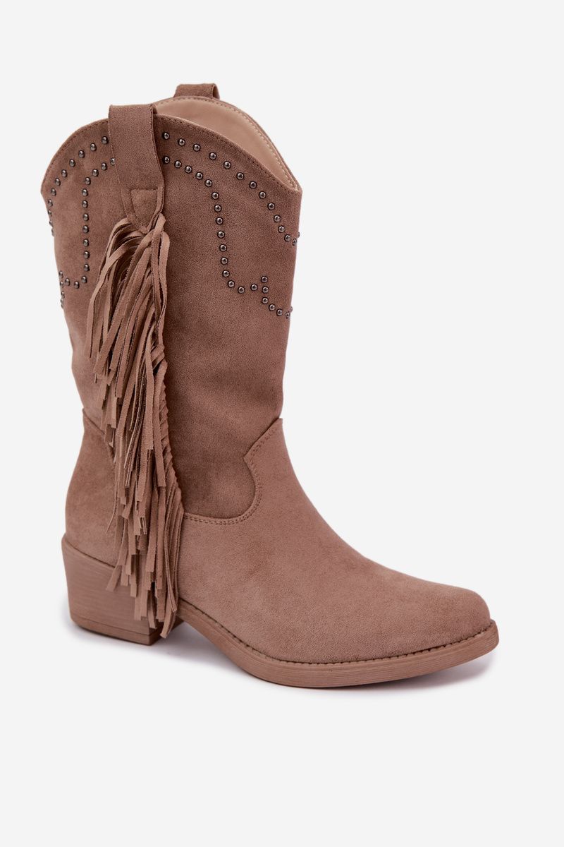 Beige Stiefelette mit Fransen und Absatzverzierung