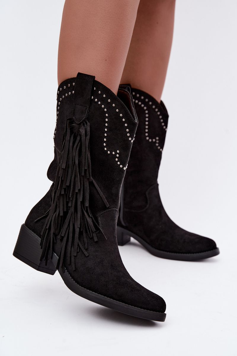 Schwarze Ankle Boots mit Fransen und Absatzverzierung