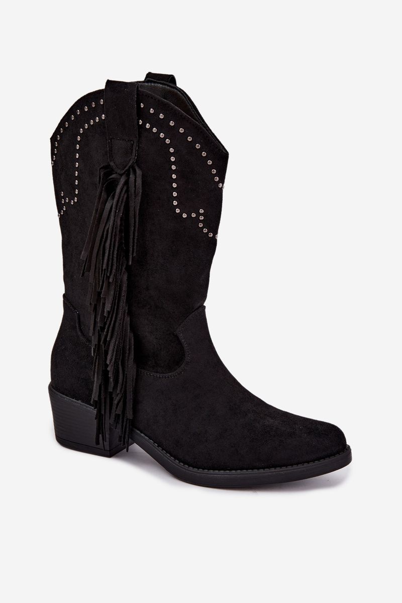 Schwarze Ankle Boots mit Fransen und Absatzverzierung